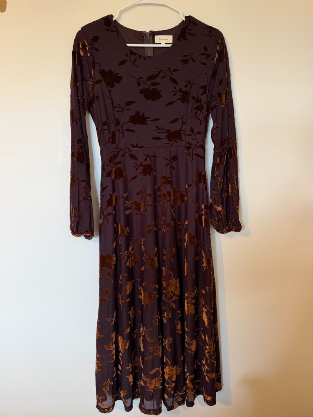 bohme Brown Velvet Maxi Dress with Floral Burnout